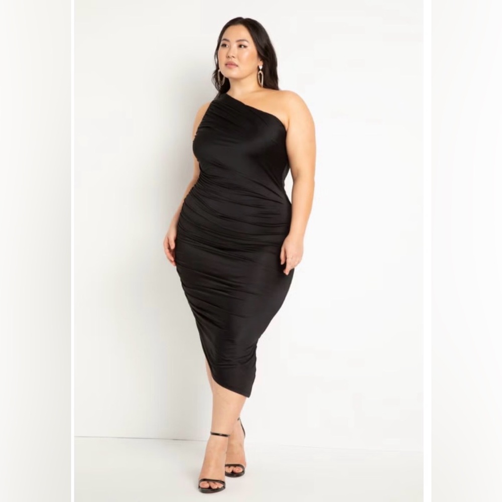 Eloqiii Ruched Black One Shoulder Dress